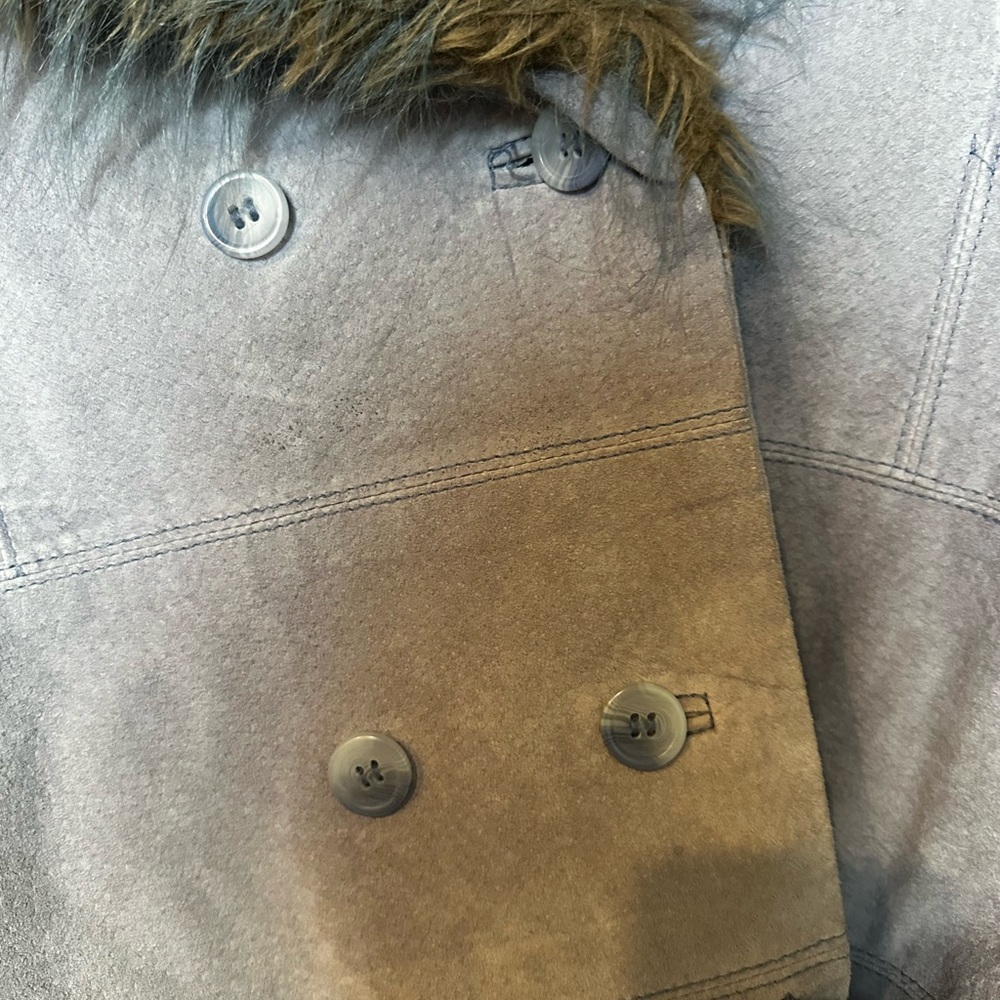 Outbrook Faux Fur Collar Belted Vintage Dusty Periwinkle Suede Jacket - Picture 3 of 10